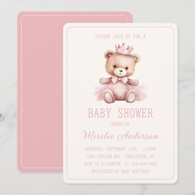 Rosa Princess Bear Flicka Baby Shower Inbjudningar (Fram/baksida)