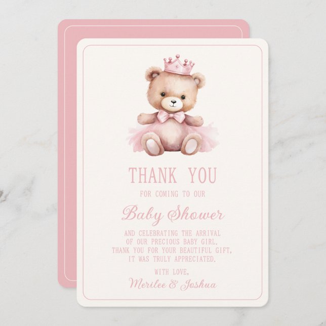 Rosa Princess Bear Flicka Baby Shower Tack Kort (Fram/baksida)