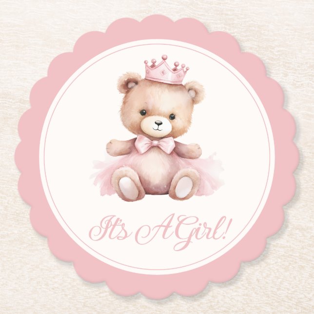 Rosa Princess Bear Flicka Baby Shower Underlägg Papper (Framsida)