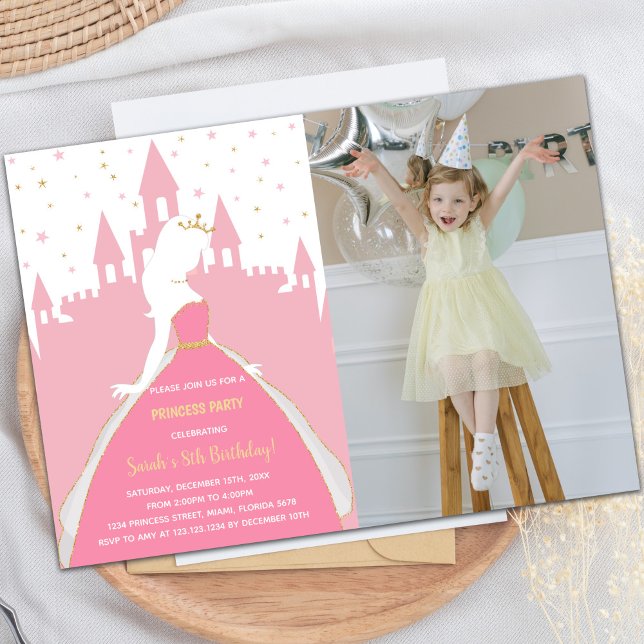 Rosa Princess Birthday-inbjudan med foto Inbjudningar (Pink Princess Birthday Invitations with photo)