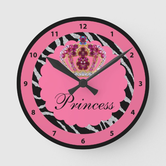 Rosa Princess Bling Krona & Zebra tryck Clock Rund Klocka (Framsida)