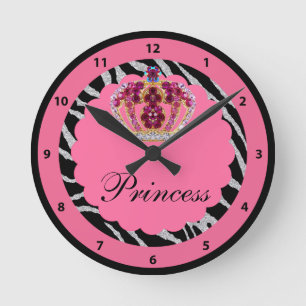 Rosa Princess Bling Kröna & zebra tryck tar tid p Rund Klocka