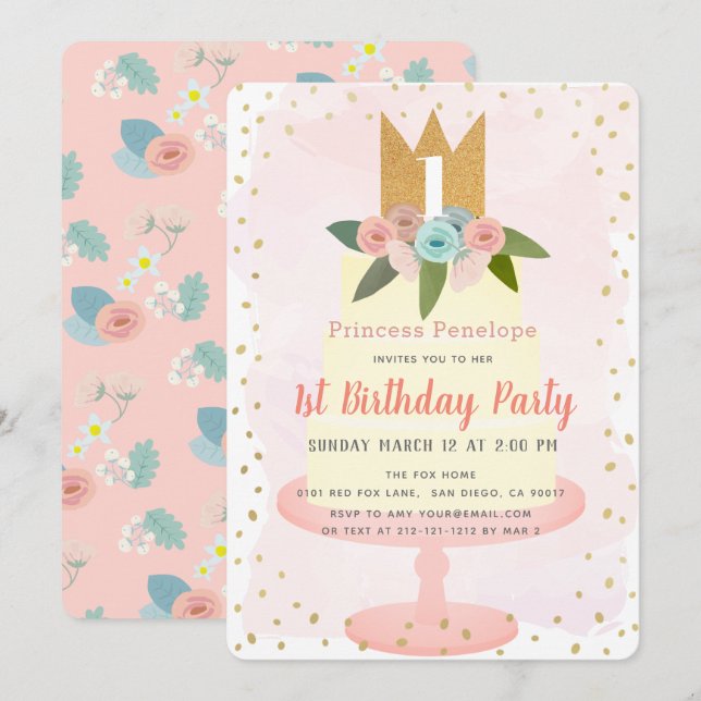 Rosa Princess Blommigt Cake Girl 1st Birthday Inbjudningar (Fram/baksida)
