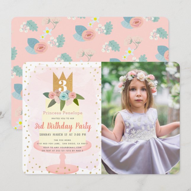Rosa Princess Blommigt Cake Girl Photo Birthday Inbjudningar (Fram/baksida)