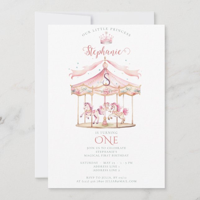 Rosa Princess Carousel Magic 1st Birthday Girl Inbjudningar (Framsida)