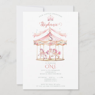 Rosa Princess Carousel Magic 1st Birthday Girl Inbjudningar