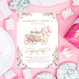 Rosa Princess Carriage Girl Födelsedagsfest Inbjudningar