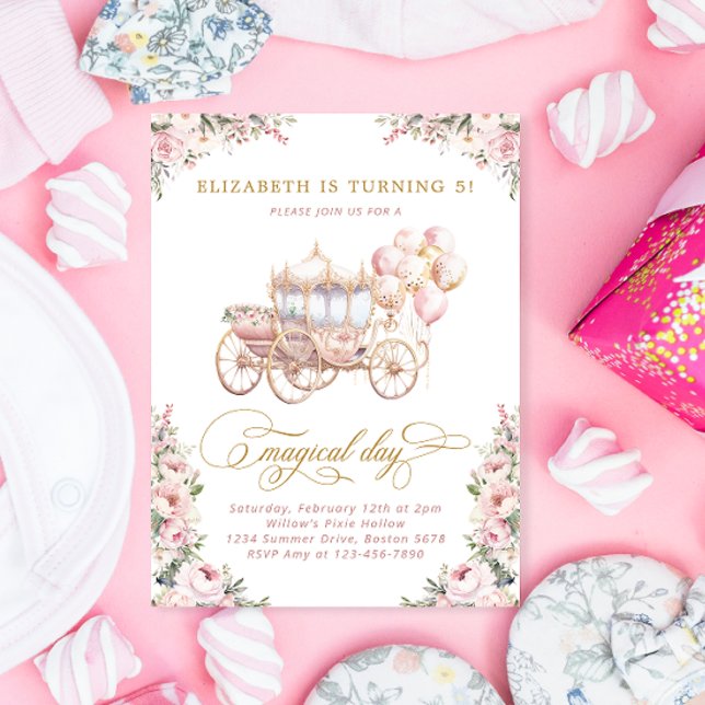  Rosa Princess Carriage Girl Födelsedagsfest Inbjudningar (Skapare uppladdad)