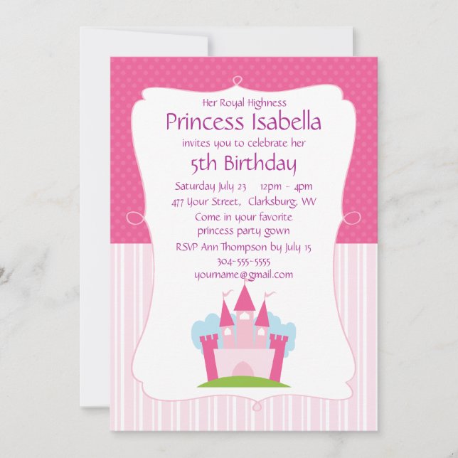 Rosa Princess Castle Birthday Inbjudningar (Framsida)