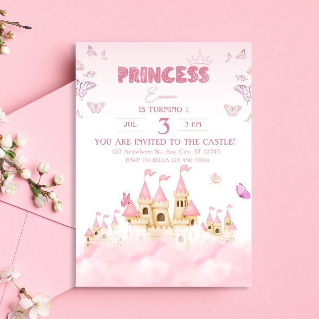 Rosa Princess Castle Enchanting Whimsical Clouds Inbjudningar (Front)