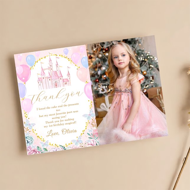 Rosa Princess Castle Girl Birthday Photo Tack Kort (Skapare uppladdad)