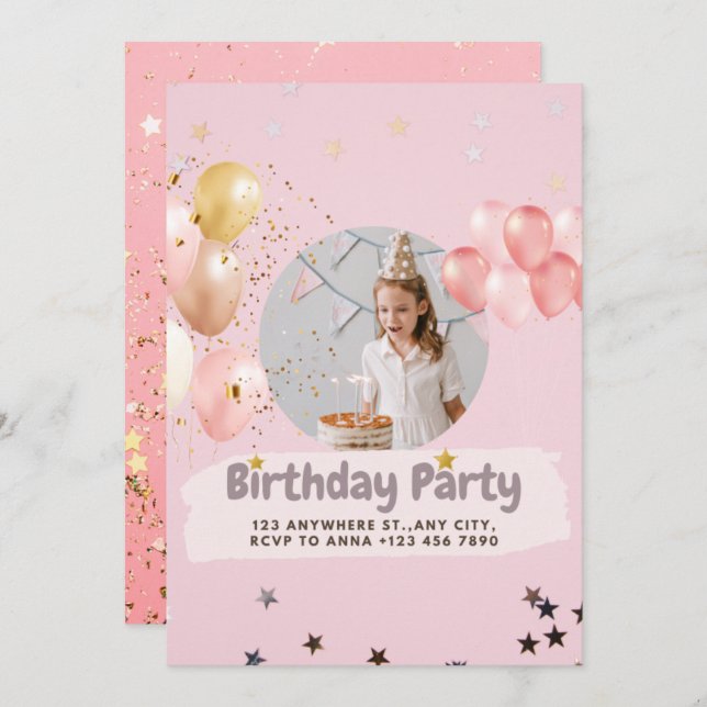 Rosa Princess Confetti Birthday-inbjudan Inbjudningar (Fram/baksida)
