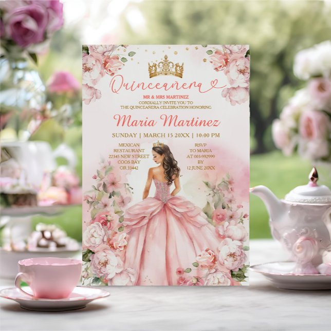  Rosa Princess Dress Blommigt Guld Mis Quince Inbjudningar (Skapare uppladdad)