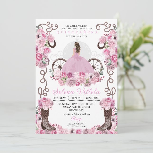 Rosa Princess Dress & Boots Quinceañera Inbjudningar (Stående Fram)