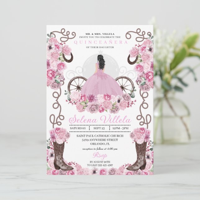 Rosa Princess Dress & Boots Quinceañera Inbjudningar (Stående Fram)