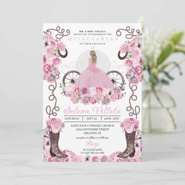 Rosa Princess Dress & Boots Quinceañera Inbjudningar (Stående Fram)