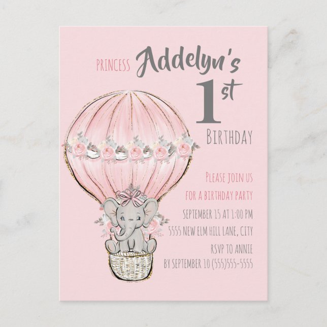 Rosa Princess Elephant Luftballong Balloon Inbjudan Vykort (Framsida)