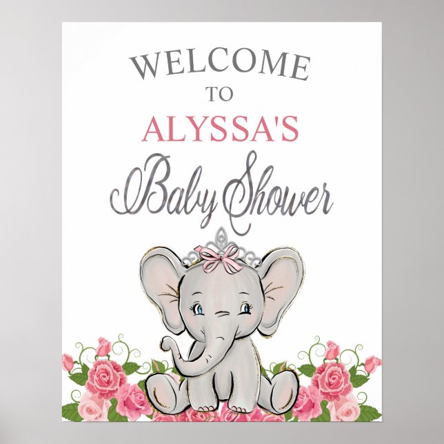 Rosa Princess Elephant Tiara Baby Shower Välkommen Poster (Framsidan)