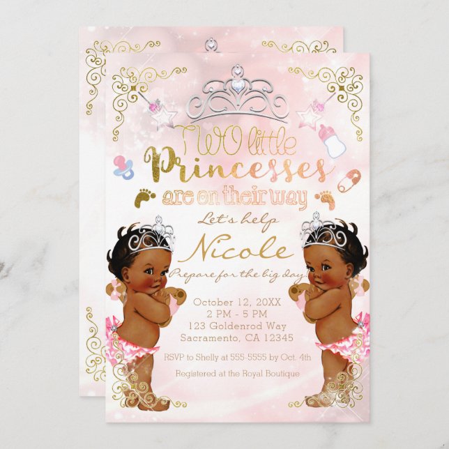 Rosa Princess Ethnic Mörk Twin Girls Baby Shower Inbjudningar (Fram/baksida)