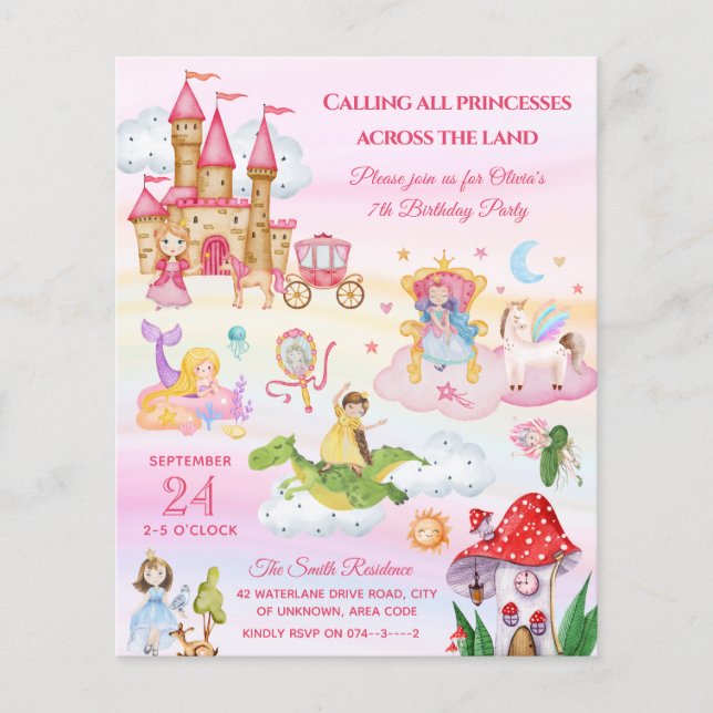 Rosa Princess Fairy tale Girl Birthday-inbjudan (Framsida)