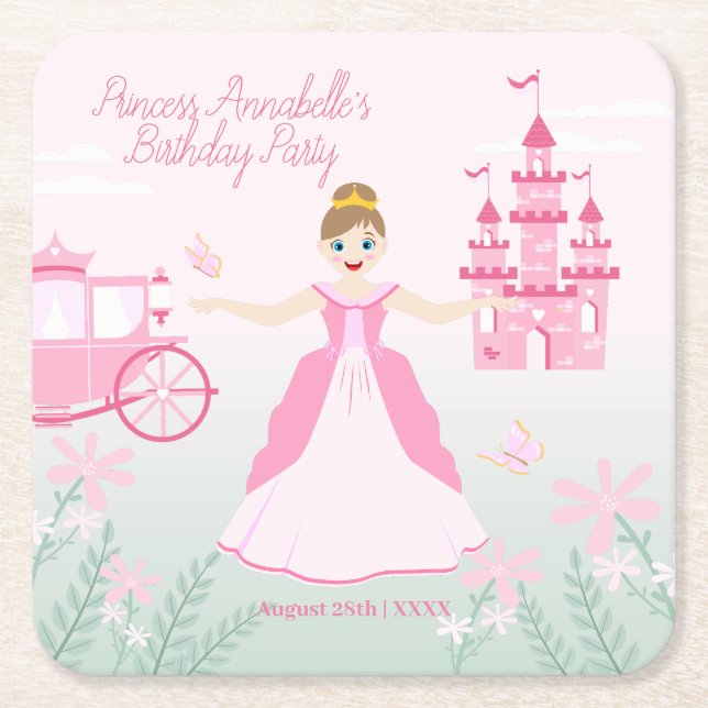 Rosa Princess Fantasy Födelsedagsfest Underlägg Papper Kvadrat (Framsidan)