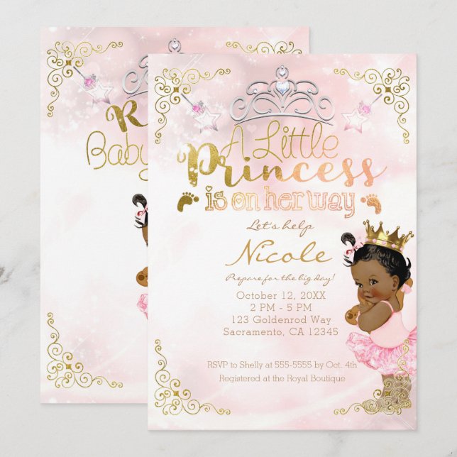 Rosa Princess Gnistra Ethnic Mörk Skin Baby Shower Inbjudningar (Fram/baksida)