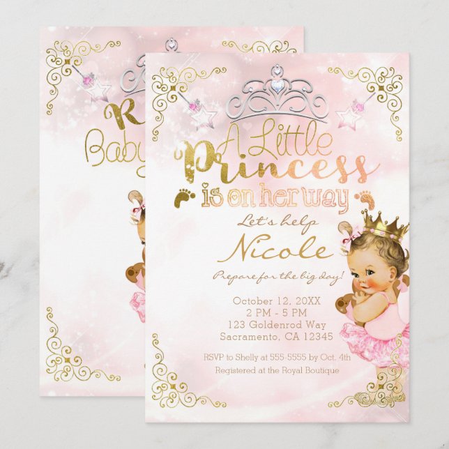 Rosa Princess Gnistra Tutu & Krona Baby Shower Inbjudningar (Fram/baksida)