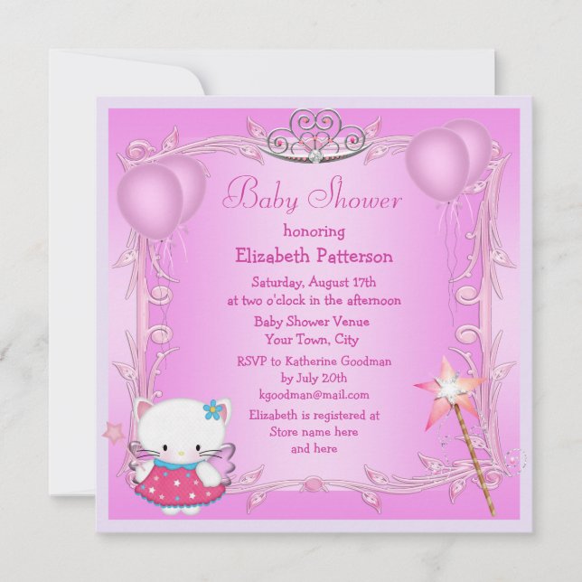 Rosa Princess Kattunge Fairy Baby Shower Inbjudningar (Framsida)