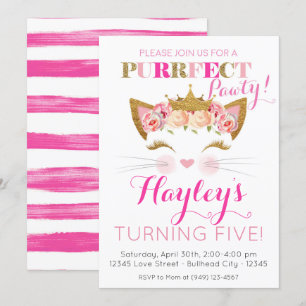 Rosa Princess Kitten Cat Birthday Inbjudningar