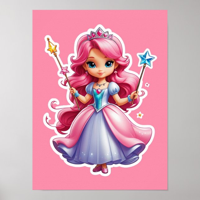 Rosa Princess med Magic Trollspö och Tiara Poster (Framsidan)