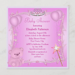 Rosa Princess nalle & ballongbaby shower Inbjudningar