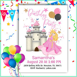 Rosa Princess och Castle Girl Birthday Inbjudningar