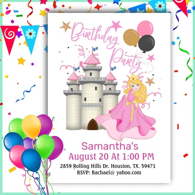 Rosa Princess och Castle Girl Birthday Inbjudningar (Skapare uppladdad)