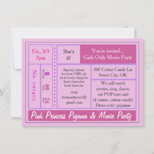 Rosa Princess Pajama och Movie Party Inbjudan