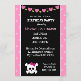 Rosa Princess Pirat Skull Birthday Inbjudningar