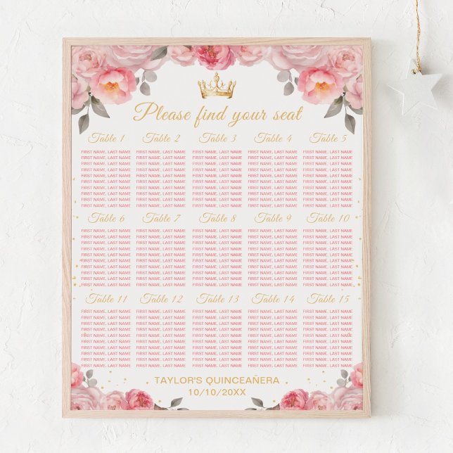 Rosa Princess Quinceañera 15 Bord Sittplatsdiagram Poster (Skapare uppladdad)
