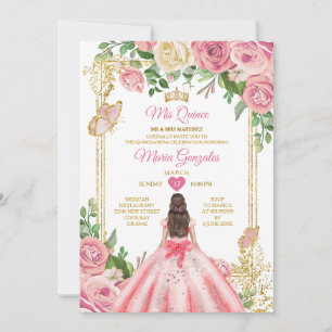 Rosa Princess Quinceañera Butterfly Blommigt Inbjudningar