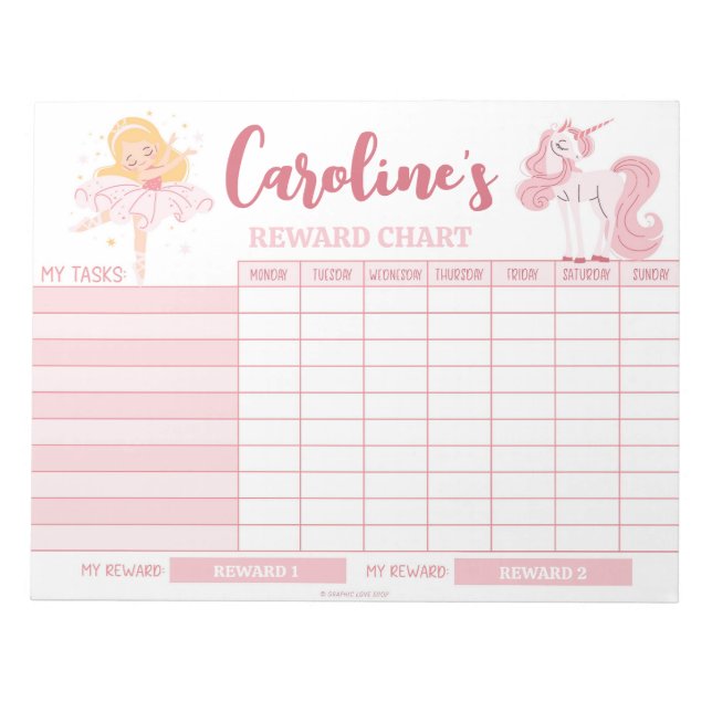 Rosa Princess Reward Diagram Personlig Namn Aktivi Anteckningsblock (Framsida)