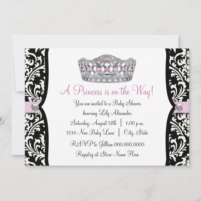 Rosa Princess Rosa Black Damask Baby Shower Inbjudningar (Framsida)