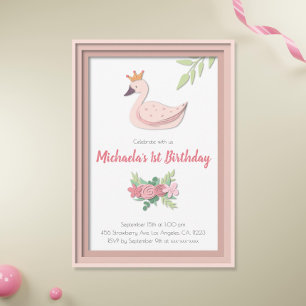 Rosa Princess Svan Blommigt Girl First Birthday Inbjudningar