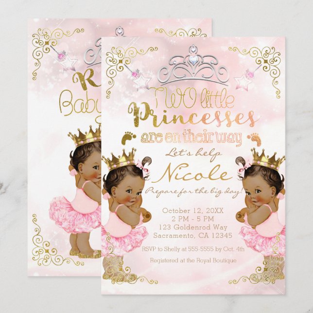 Rosa Princess Tutu & Krona Twin Girls Baby Shower Inbjudningar (Fram/baksida)