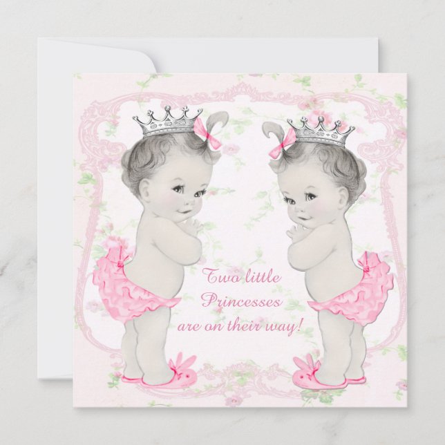 Rosa Princess Twin Baby Shower Inbjudningar (Framsida)