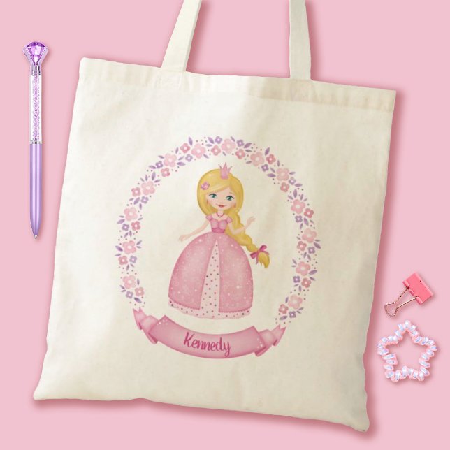 Rosa Princess Tygkasse (A cute Pink Princess Tote bag. Personalize it with your girls name for a special gift.)