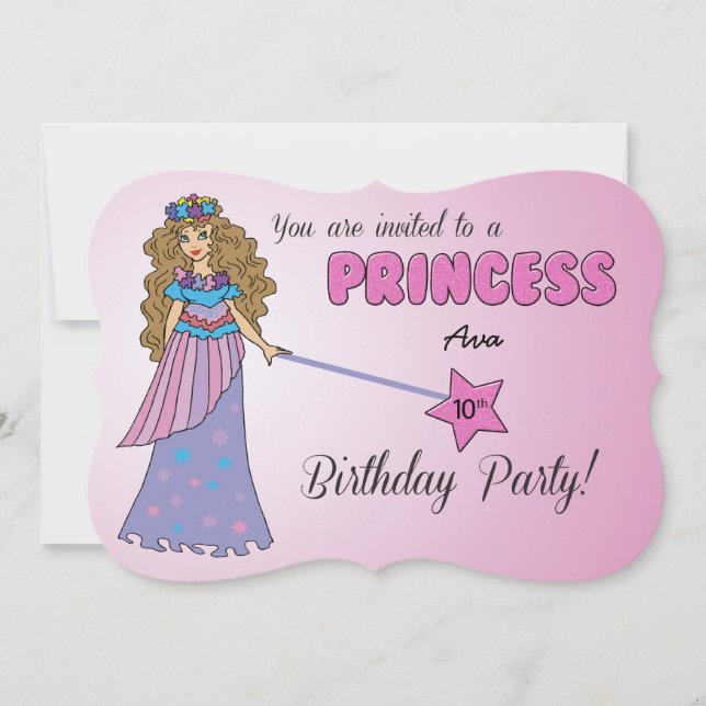 rosa Princess w/ Sparkly Trollspö 10:e Bday Bday Inbjudningar (Framsida)