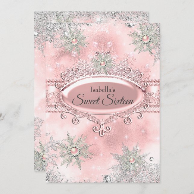  Rosa Princess Winter Wonderland Sweet 16 Inbjudningar (Fram/baksida)