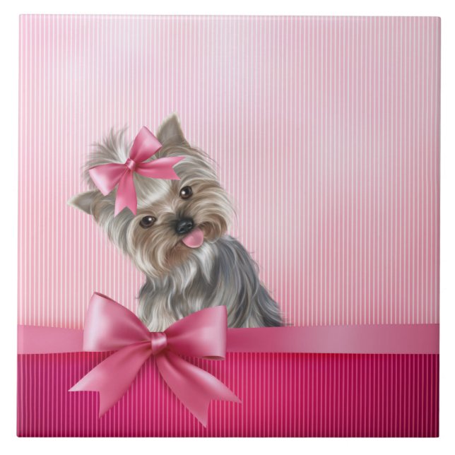Rosa Princess Yorkie Valp Förfölja för Yorkshire Kakelplatta (Framsidan)