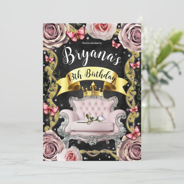 Rosa Princessstol Rosor & Fjärilar Födelsedag Inbjudningar (Stående Fram)
