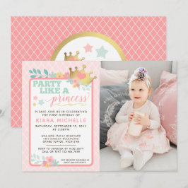 Rosa Prinsessa Baby Flicka Första Födelsedagsinbju Inbjudningar