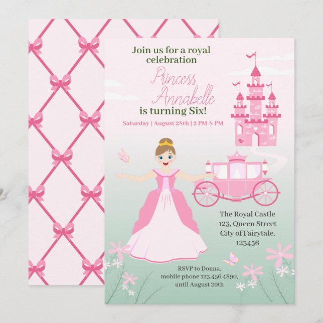 Rosa prinsessa fantasi födelsedagsfest inbjudningar (Fram/baksida)