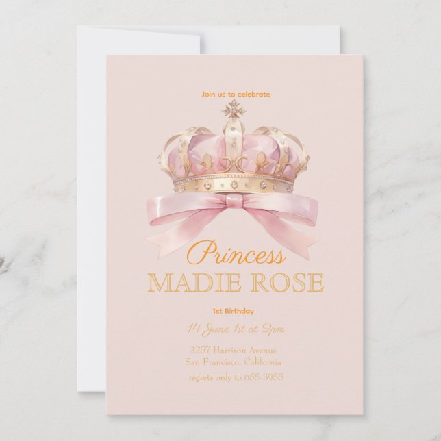 Rosa Prinsessa Krona Sagolik Födelsedag Inbjudningar (Framsida)